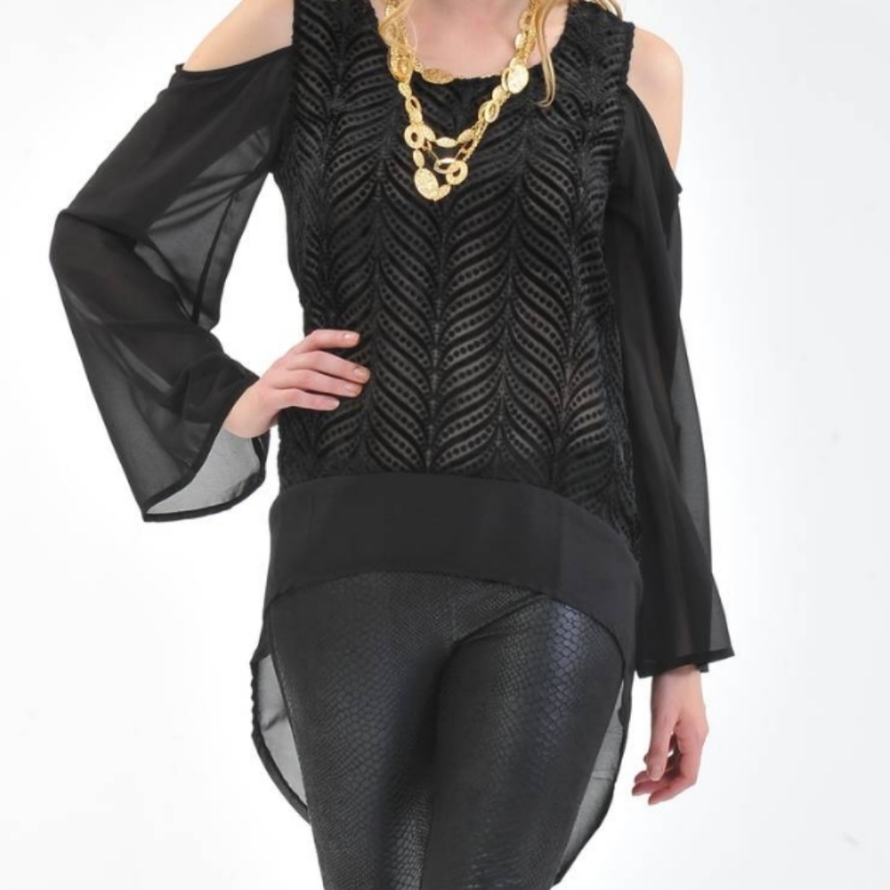 Classique Women's Size Medium Hi-Lo Sheer Tunic Blouse Top Shirt Black